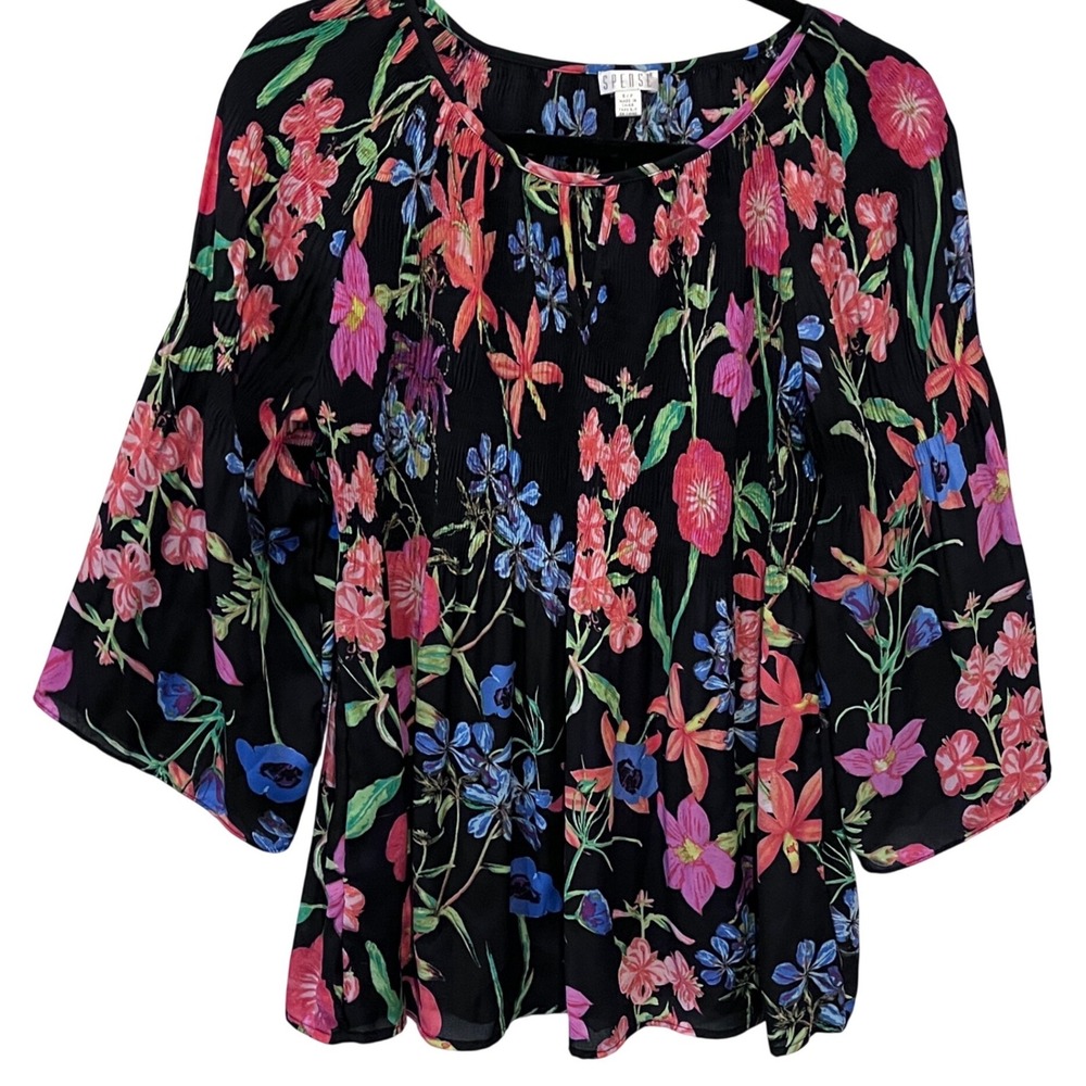 Spense Womens Black Floral Smocked Blouse Bell Sleeve SP28554 Small